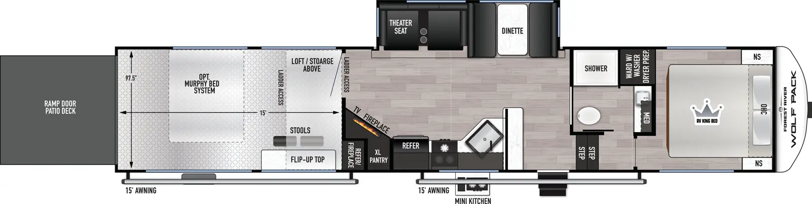 The Wolf Pack 350PACK15 floorplan is a toy hauler that has two entries and one slide out. Exterior features include: fiberglass exterior and 15' & 15' awning. Interiors features include: loft and front bedroom.